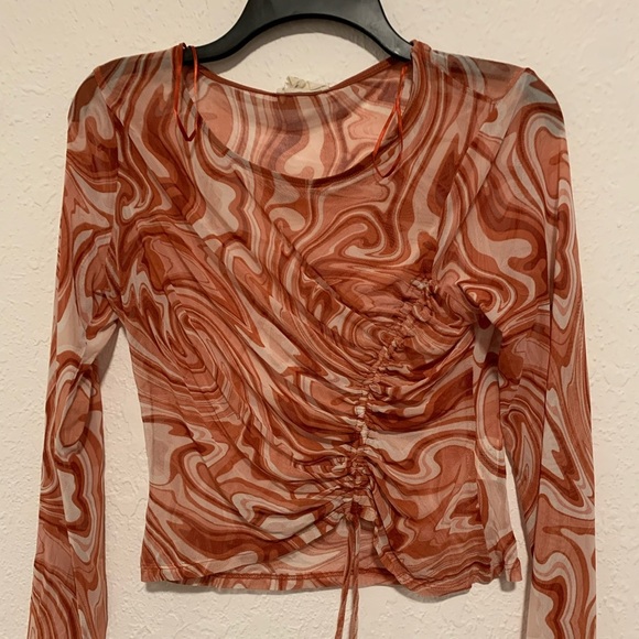 meraki Tops - Mesh Y2K top Long Sleeve Rusched Lava